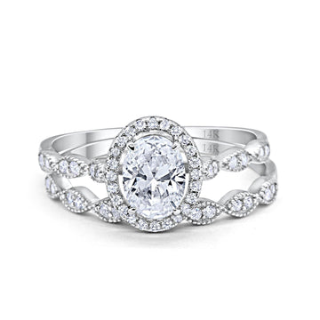 14K White Gold Halo Bridal Set Piece Oval Engagement Wedding Ring Simulated CZ Size-7